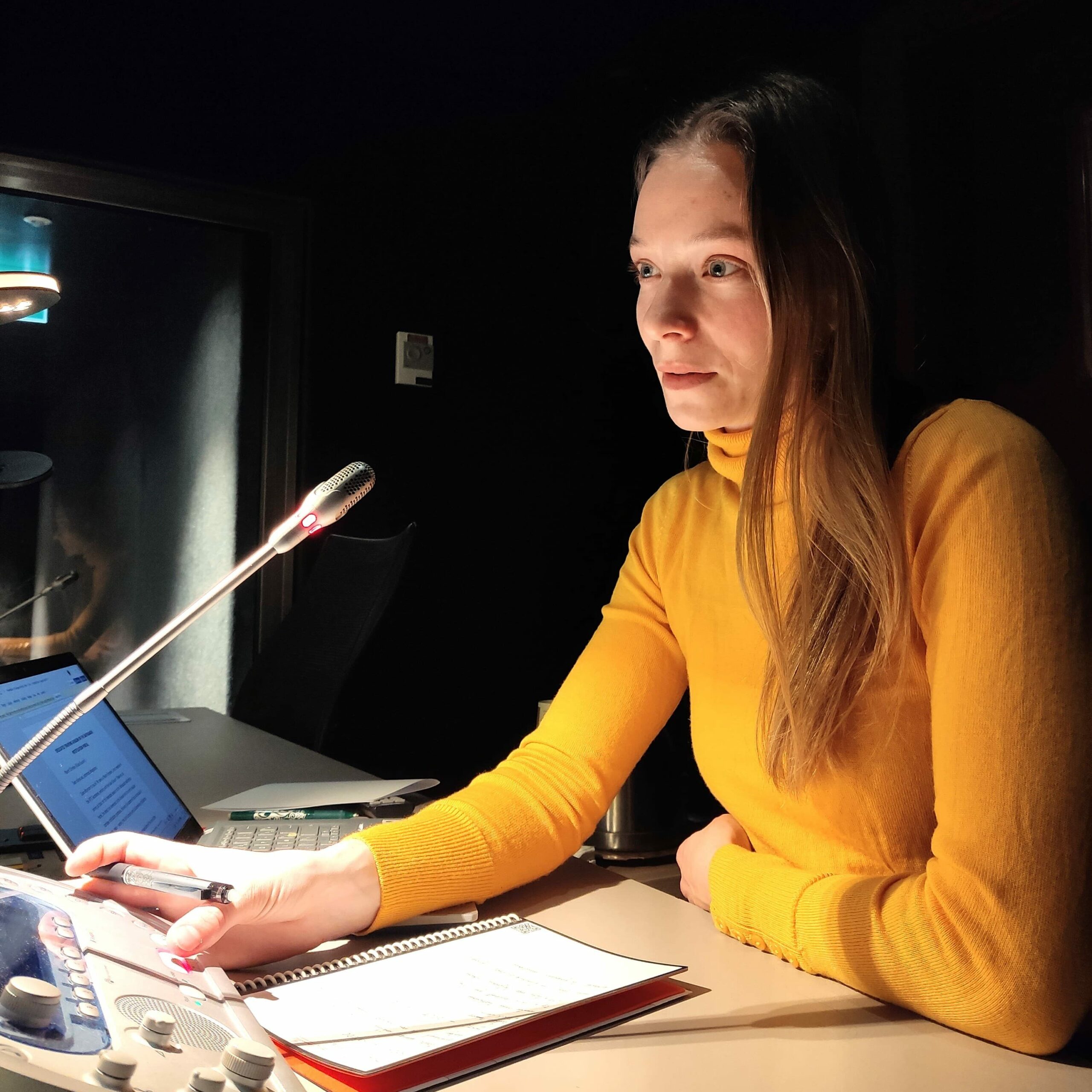 alt="Rosemary providing simultaneous conference interpreting services for an international organisation"